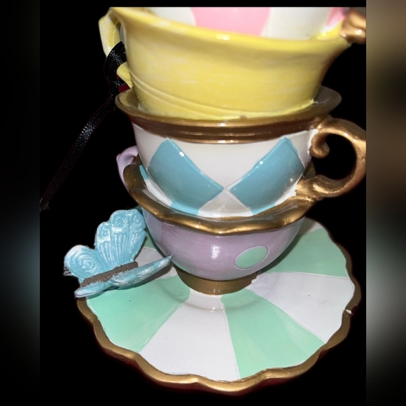 Tophat & Toil Easter bunny in stacked tea cups with Butterflies 7 In Resin - Picture 6 of 8